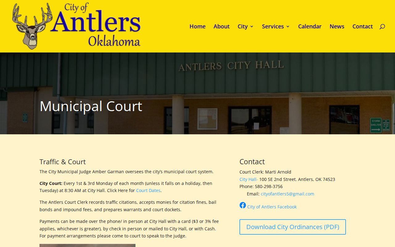 Pushmataha County municipal court warrant Antlers payment page