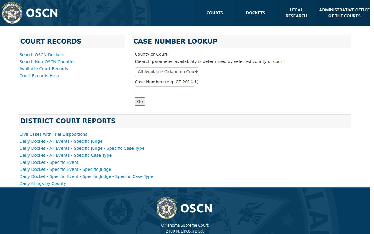 Pushmataha County warrant records OSCN case-number search interface